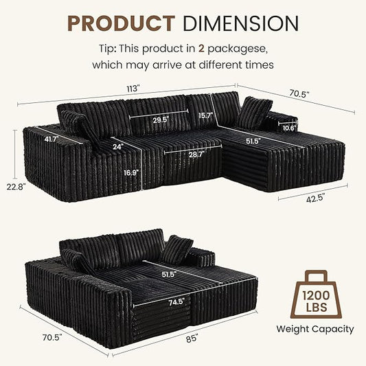 Apicizon 113" Modular Sectional Couch for Living Room, L Shaped Sectional Sofa Couch with Deep Seat, Boneless Sleeper Sofa with Chaise Longue for Apartment,No Assembly Required (Plush Corduroy Black)