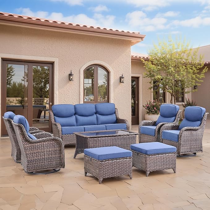 Swivel Patio Chairs sofa Set of 4 with 6" Thick Cushion - Wicker Outdoor Swivel Rocker Patio Chair with Side Table, High Back Comfortable Outdoor Glider Chairs - Brown Wicker | Blue Cushions