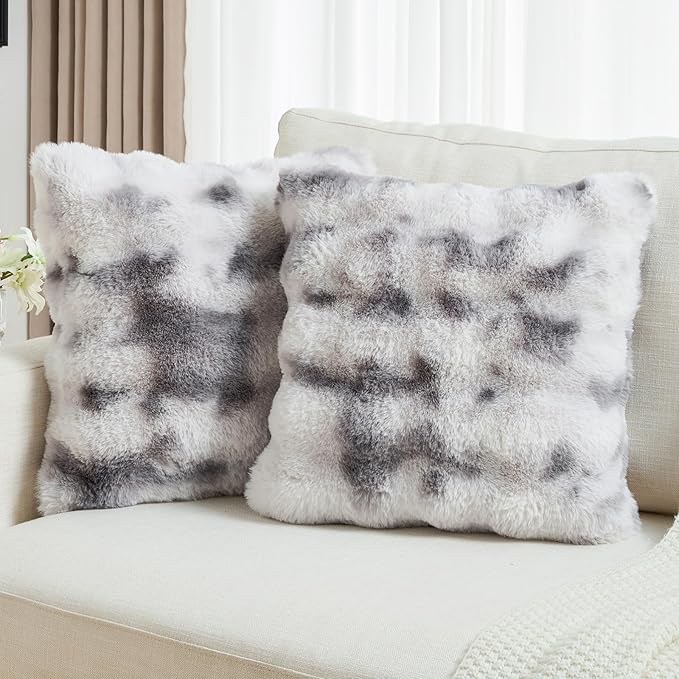 FUTEI Grey White Decorative Throw Pillow Covers 18x18 Inch Set of 2,Soft Fuzzy Faux Rabbit Fur Cushion Covers with Raised Texture,Neutral Boho Home Decor for Couch Bed Living Room