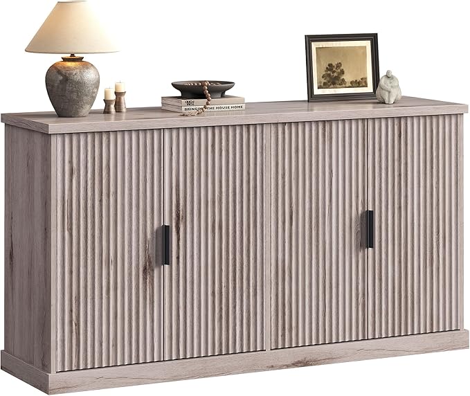 VASAGLE MAXE Collection - Buffet Cabinet, Fluted Console Cabinet, Sideboard with Adjustable Shelves, Mid Century Modern Buffet Table, 15.8 x 58.3 x 31.5 Inches, Washed Gray UBBK382G01S