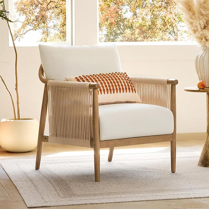 CHITA Braid Accent Chair, Modern Armchair with Solid Wooden Armrest for Living Room and Bedroom, Boho Reading Chair, Cream