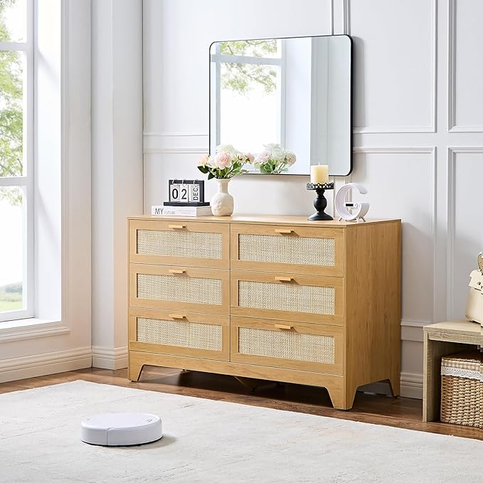 Natural Rattan 6-Drawer Dresser | Modern Bohemian Storage Chest – Includes Anti-Tip Wall Straps & Metal Slides | Versatile Furniture for Bedroom or Living Room