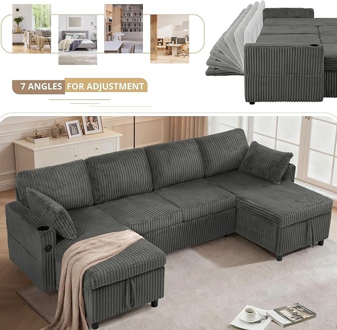110" Corduroy Pull Out Sofa Bed w/Adjustable Backrests, Sectional U-Shape Sleeper Sofa w/Storage Chaise, Convertible Couch Bed w/USB Charging Port & Cup Holders for Living Room, House, Grey