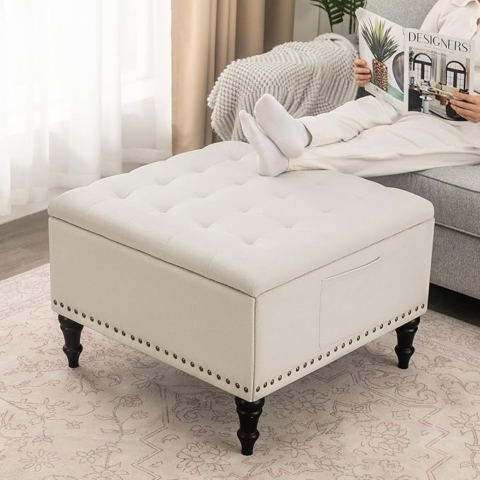 Square Ottoman with Storage Tufted Upholstered Storage Ottoman Square Coffee Table Ottomans with Legs 28’’ Large Fabric Footrest Ottomans Stool with Lift Top for Living Room Beige