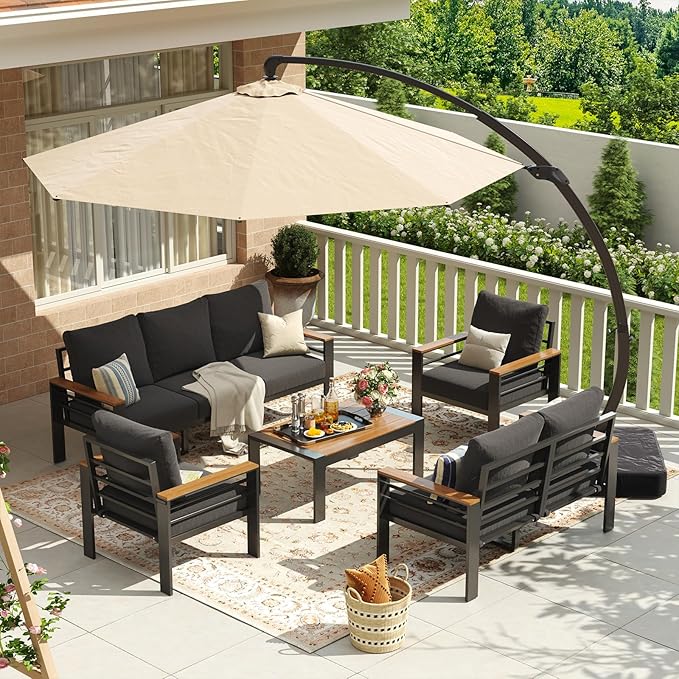 Aoxun Aluminum Patio Furniture Set with Umbrella 7 Seats, Oversized Outdoor Sectional with Washable Thick Cushions, Coffee Table and Waterproof Cover, Patio Conversation Sets for Porch, Balcony, Deck