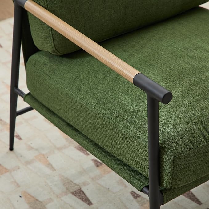 Mid-Century Accent Chair, Soft Armchair Linen Fabric Lounge Chair with Black Metal Legs, Upholstered Leisure Chair for Living Room Reception Room, 1PC, Green