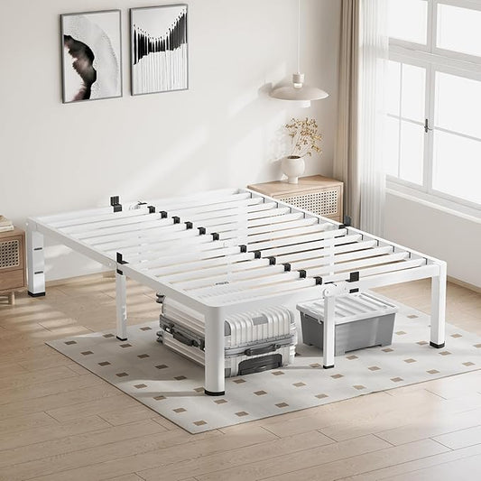 18 Inch Queen Size White Bed Frame, 3500Lbs Heavy Duty Metal Platform with Round Corner Legs Mattress Slide Stopper, Steel Slat Support No Box Spring Needed, Noise Free, Easy Assembly