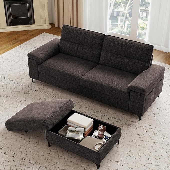 88.97" L Shaped Sectional Couches for Living Room, Deep Seat Sofa with Storage Ottoman & 8”Cushion, Comfy 2-Seater Chenille Loveseat, Convertible Armrest, Removable Cover for Small Space(Dark Gray)