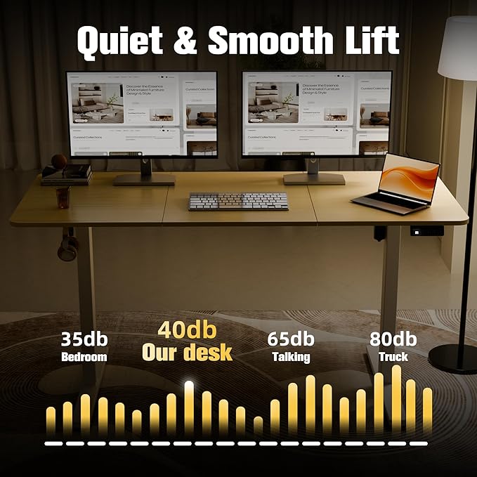 ERGOMAKER Electric Standing Desk, 55" x 23.6" Height Adjustable Sit Stand Desk with Splice Board for Home Office, Computer Desk Memory Preset (White Frame, Gold Oak Desktop)