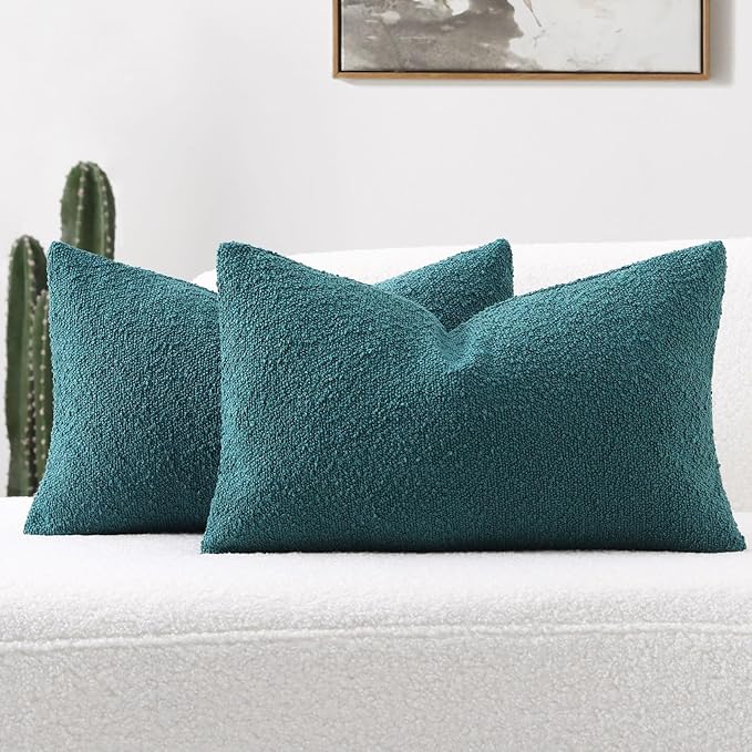 FUTEI Pack of 2 Teal Green Decorative Throw Pillow Covers 12x20 Inch Soft Cozy Solid Boucle Textured Lumbar Pillow Cases,Modern Home Decor for Couch Bed Living Room