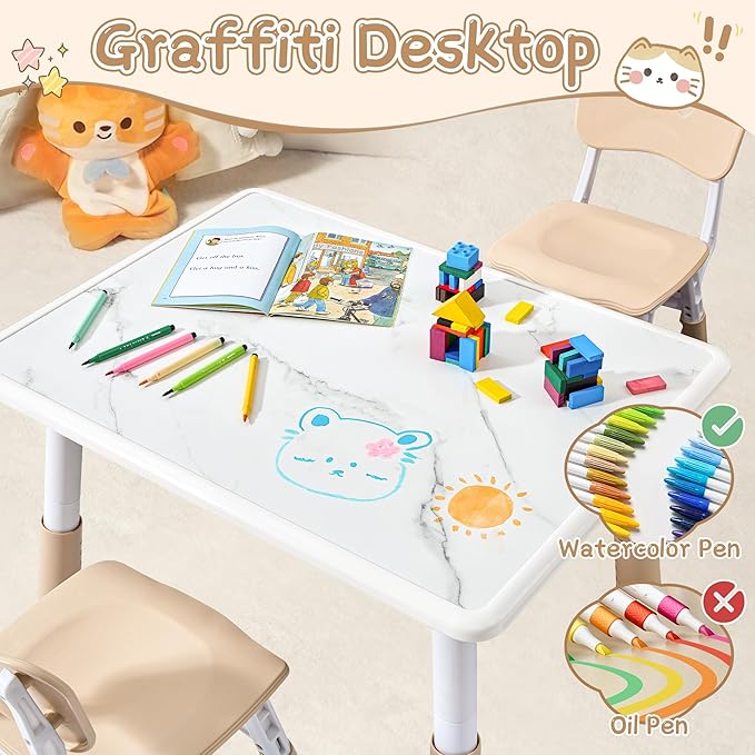 Adjustable Kids Table Chairs Set – Graffiti Desktop, Multi-Activity Height-Adjustable Toddler Study Desk for Ages 3-8 – Ideal for Home, Classroom, Daycare (B-Brown, 4 Chairs-31.5" L x 23.6" W)
