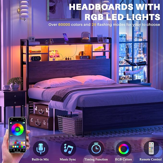 Aheaplus Headboard for Twin Size Bed with Storage, Headboards with LED Light, Power Outlets, USB Ports Twin Size Head Board, Wood headboard Only Sturdy and Stable Headboards, Modern, Black Oak