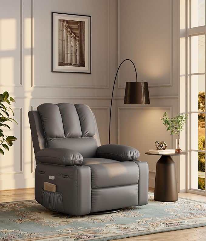 27" Oversized Power Recliner Chair, Faux Leather Rocking Chair with Heat & Massage, 360° Swivel Modern Electric Recliner with Cup Holder & USB Charging for Living Room, Bedroom, Nursery - Grey
