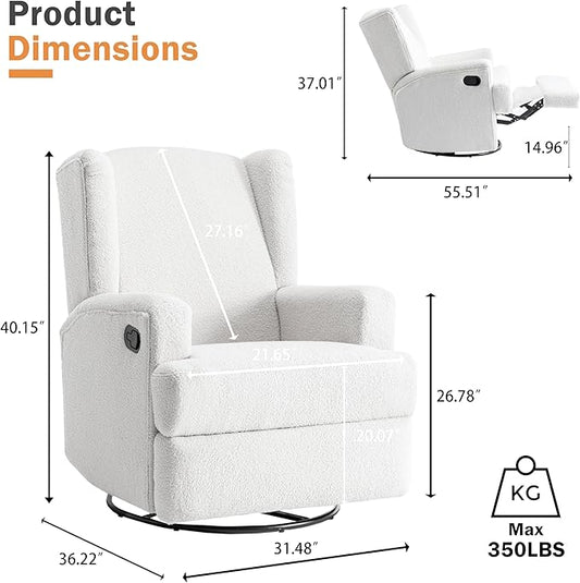 Boucle Swivel Glider Recliner Chair for Adults - Plush High Back Rocker with Deep Seat, Manual Reclining Upholstered Armchair for Living Room or Nursery, Textured Fabric Accent Chair-White