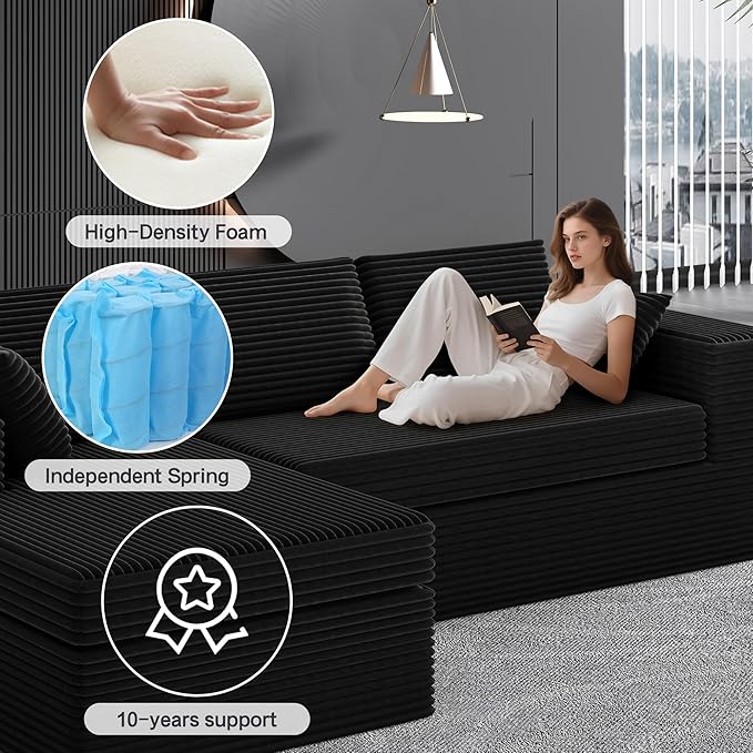 108-inch Boneless Couch for Living Room,Comfy Boneless Sofa with Deep Seats & Chaise Lounge, 3-Seat Modular Sofa Memory Foam Sectional Couches - No Assembly Required(Dark Black)