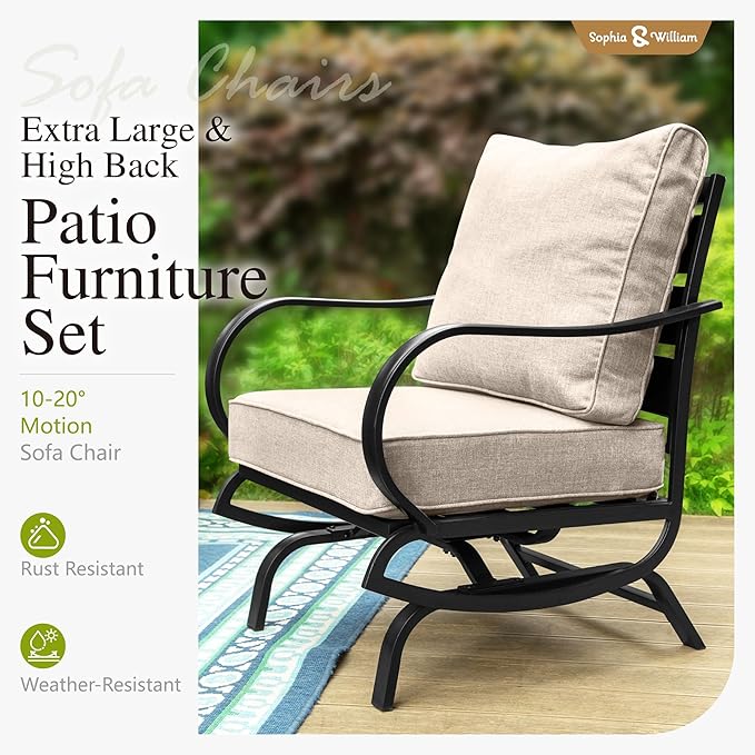 Sophia & William Patio Furniture Sets 5 Seats Outdoor Metal Conversation Sets 5 Pcs with 2 x Cushioned Swivel Sofa Chairs,1 x 3-Seat Sofa,2 x Ottomans for Coffee Lawn Backyard Poolside Beige