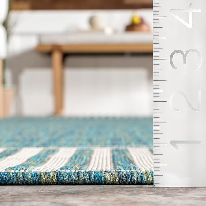 nuLOOM 5' x 8' Outdoor Area Rug, Casual Design With Striped Border, Stain Resistant, Highly Durable, For Patio, Balcony, Bedroom, Living Room, Dining Room, Bathroom, Teal
