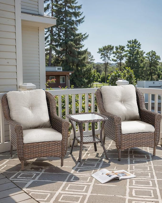 3 Piece Patio Brown Wicker Chairs with Side Table - Outdoor High Back Heavy Duty All-Weather Lawn Dining Rattan Chair Conversation Bistro Set for Deck Porch Balcony Backyard Garden - Beige