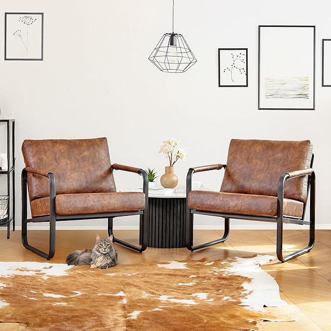 PrimeZone Mid-Century Modern Accent Chair Set of 2 - Comfy Faux Leather Living Room Chair, Lounge Armchair with Extra Soft Padded & Cushion, Ergonomic Accent Chair for Bedroom, Office, Brown