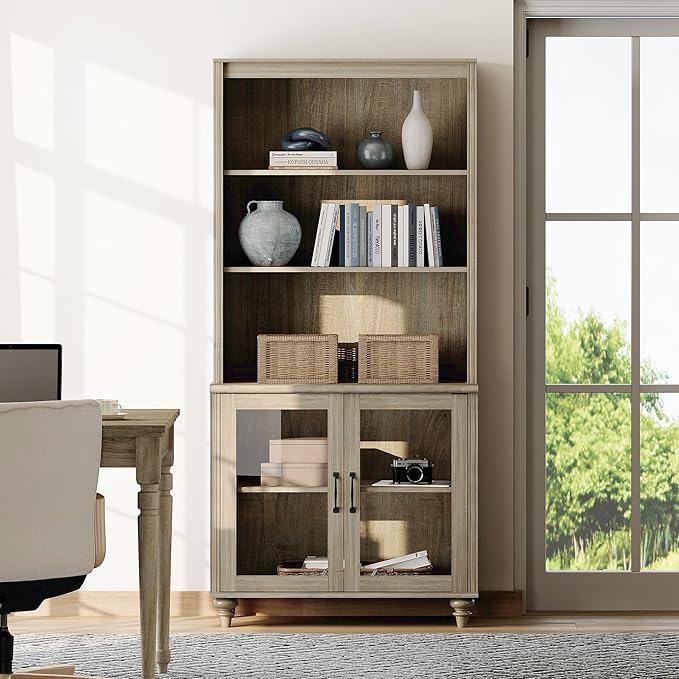 WAMPAT 5 Tier Farmhouse Bookshelf 72" Tall Bookcase with Glass Doors, Large Display Book Shelf with Adjustable Shelves and Storage Cabinet, Wood Bookshelves for Living Room & Study Room, Wash Grey