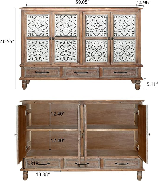 Accent Cabinet with 4 Doors & 3 Drawers, Hollow Carved Storage Sideboard, Wood Buffet Cabinet for Living Room, Dining Room, Entryway (4-Door + 3 Drawers)