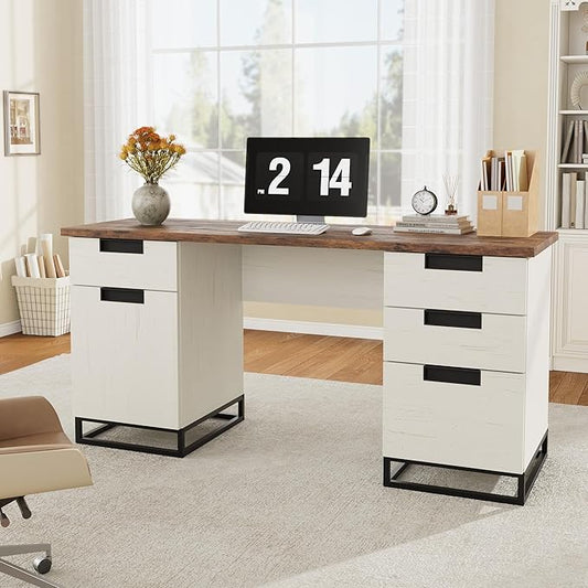 IDEALHOUSE Farmhouse Executive Desk, 59" Computer Desk, White Home Office Desks with File Drawer and Storage Cabinet, Wood Writing Desks for Home Office, Bedroom, White+Vintage