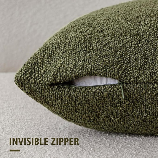 Foindtower Set of 2, Decorative Textured Boucle Throw Pillow Covers Accent Solid Pillow Cases Neutral Soft Cozy Couch Cushion Case for Chair Sofa Bedroom Living Room Home Decor 24x24 Inch Moss Green