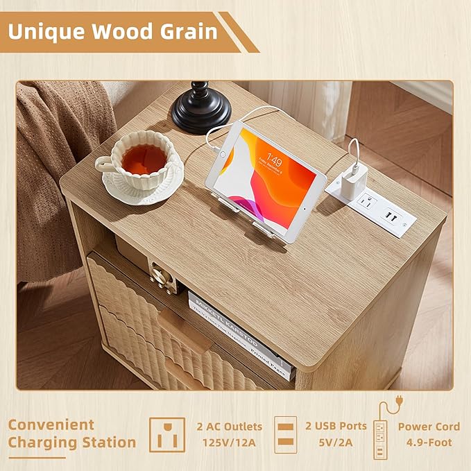 LEYAOYAO Fluted Farmhouse Nightstand Set of 2 with Charging Station, 23" Wide 2 & 3 Drawers Large End Table with Metal Handle, Natural Night Stand Bedside Table, Wood Dresser for Bedroom,Closet