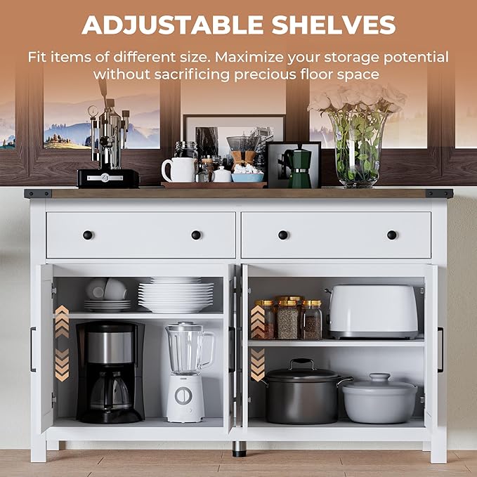 55" Sideboard Buffet Cabinet with Storage, Coffee Bar Cabinet with 2 Drawers and 4 Barn Doors, Long Storage Cabinet Modern Farmhouse, White Wood, for Kitchen, Dining Room, Living Room
