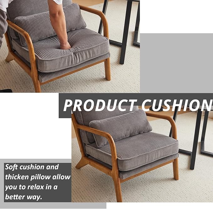 Karl home Mid-Century Modern Accent Chair, Living Room Chairs with Pillow Corduroy Upholstered Lounge Armchair with Solid Wood Frame & Soft Cushion for Bedroom, Reading Room, Gray