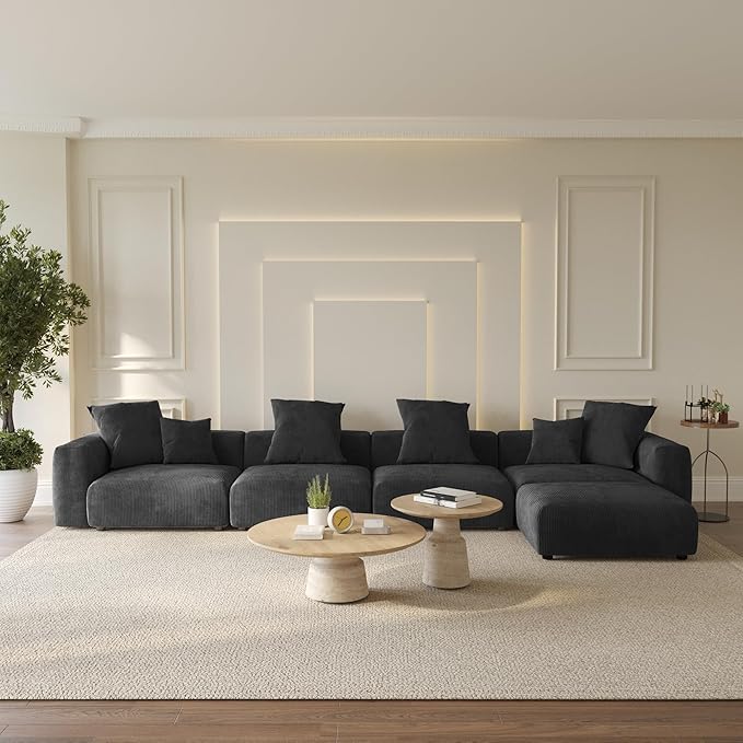 Oversized Modular Sectional Sofa with Ottomans,5 Seater Corduroy L Shaped Reversible Corner Couch,181.1" Convertible Sofa & Couch Free Combination for Living Rooom,Black