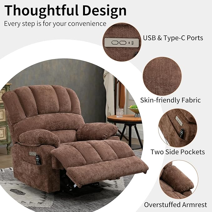 Power Recliner with Vibration Massage & Lumbar Heat, Electric Lift Chairs for Elderly, High Back Reclining Max 155 Degree with Charging Ports, Chenille Fabric Brown