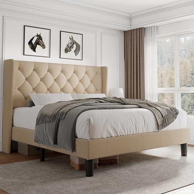 iPormis Queen Platform Bed Frame with Button Tufted Headboard, Upholstered Bed Frame with Solid Wooden Slats, 8" Under-Bed Space, No Box Spring Needed, Easy Assembly, Noise Free, Beige
