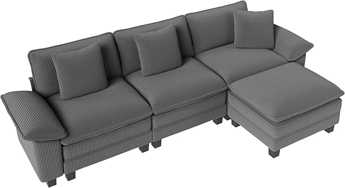 123-Inch L Shaped Sectional Sofa with Cloud Cushions, Deep Seat Modular Couch Set w/ 4 Seats & 1 Ottomans, Removable Arms, Plush Corduroy Upholstery for Living Room, Apartment - Gray