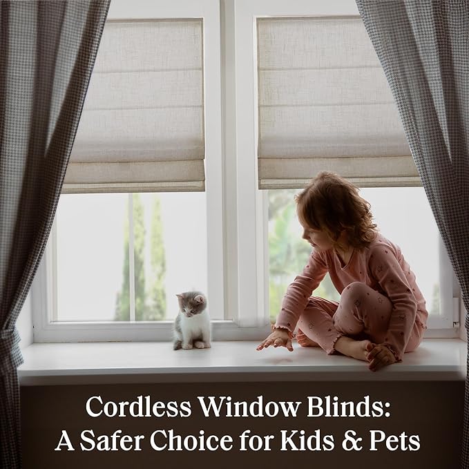 Madison Park Kyler Cordless Roman Shades - Single Panel, Lightweight Linen Blend Fabric, Natural Design, Easy Installation, Light Filtering Window Blind, Bedroom, Living Room Decor 27"W x 64"H Natural
