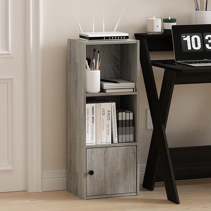 Furinno LUDER Book Shelf, 3-Tier Modern Bookshelf, Bookcase with 1 Door Storage Cabinet, 9.3 x 12 x 31.5, for Living Room, Bedroom, Home Office, French Oak
