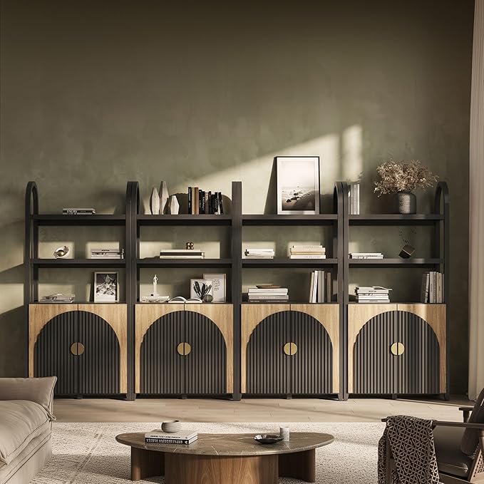 BELLEZE Book Shelf 72" Tall Arched Bookcase with Storage, 5 Tier Mid Century Modern Fluted Bookshelf with Doors, Modular Bookshelves for Living Room Office Library (Camel)