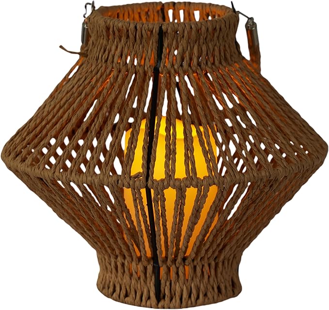 Alpine Corporation LAN420HH-BG-TM Hanging Woven Lantern with LED Candle and Timer, Boho Home Decor, 9" H, Beige