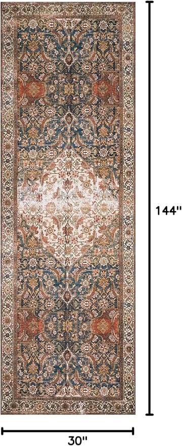 Loloi Layla Collection LAY-05 Ocean/Multi 2'-6" x 12'-0" .13" Thick Runner Rug, Soft, Durable, Vintage Inspired, Distressed, Low Pile, Non-Shedding, Easy Clean, Printed, Living Room Rug