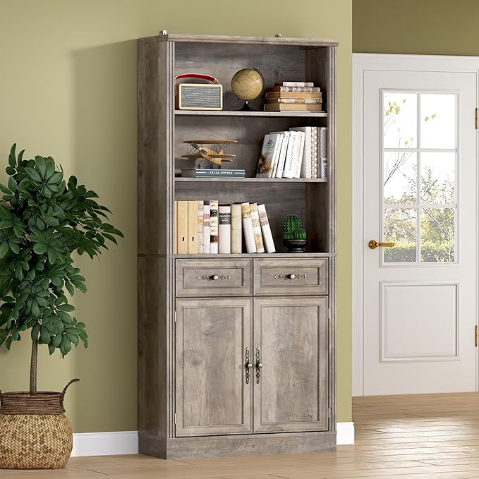 71.4" Tall Bookshelf with Drawers & Cabinet, 5-Tier Floor Standing Bookcase with Storage Doors, Adjustable Shelves & Metal Handles, 31.5" Wide Organizer for Home Office, Living Room