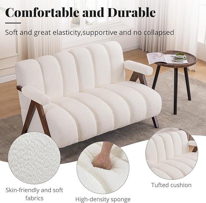 Mid Century Modern Accent Chair Loveseat Sofa with Solid Wood Frame, Boucle Upholstered Living Room Chairs with Thick Cushion, Comfy Tufted Arm Chair for Bedroom, Ivory