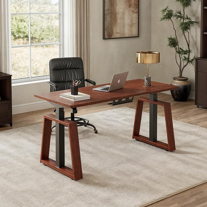 EUREKA ERGONOMIC Electric Standing Desk, 63inch Executive Computer Desk Adjustable Height Desk Modern Trapezoidal Leg Sit Stand Desk Smart APP&Touch Screen, Cherry Top