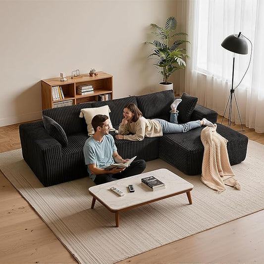 Apicizon 113" Sectional Sofa Couch for Living Room, 3 Seat Boneless Sofa with Chaise Longue, L-Shape Modular Sectional Couches with Deep Seat for Apartment,No Assembly Required (Stripe Corduroy Black)
