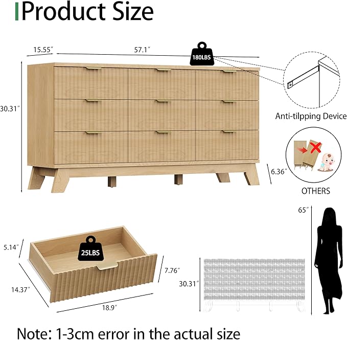 Fluted Dresser for Bedroom with 9 Drawers, 57" Wide Modern Chest of Drawers with Metal Handle, Wooden Dresser TV Stand, Wood Closet Clothes Storage Organizer for Living Room, Hallway, Natural Oak