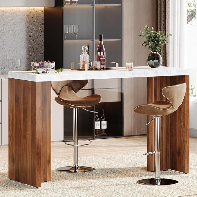 Tribesigns 55.12-Inch Bar Table, Modern Counter Height Pub Table with a Faux Marble Tabletop, Rectangular Home Coffee Bar Unit for Kitchen, Dining Room, Living Room, Balcony, Basement, Walnut & White