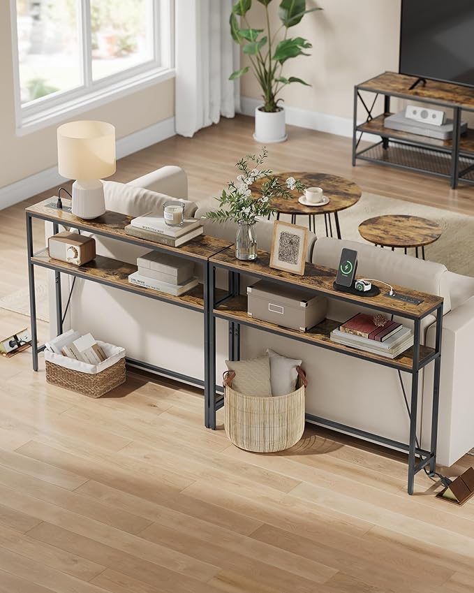 VASAGLE Console Table with Power Outlet, 2-Tier Narrow Sofa Table with 2 Shelves, 7.9 x 39.4 x 31.5 Inches, for Living Room, Hallway, Entryway, Rustic Brown and Ink Black ULNT136K01