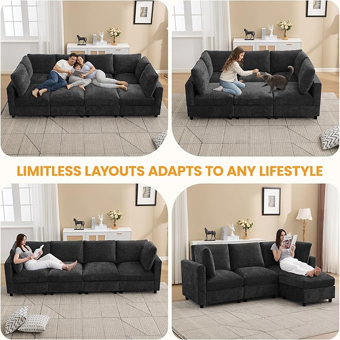4-Seater Modular Sectional Cloud Sofa with 2 Ottomans, U-Shaped Couch for Living Room, Modern Deep Seat Sofa with Soft Back Cushions, Chenille Dark Grey