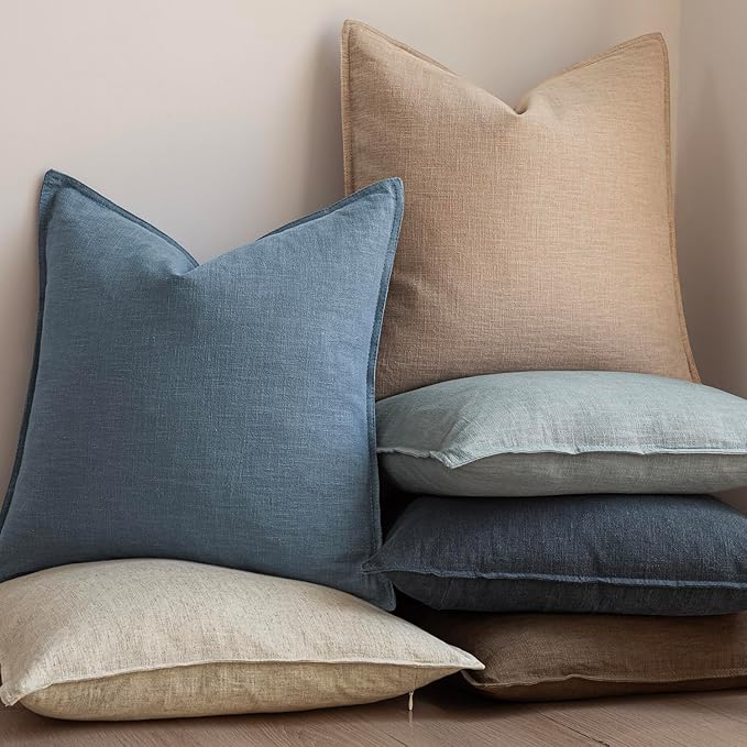 Foindtower Set of 2, Decorative Linen Soild Throw Pillow Covers Soft Accent Euro Cushion Case Boho Farmhouse Neutral Pillowcase for Couch Sofa Bedroom Living Room Home Decor 18 x 18 Inch Misty Blue