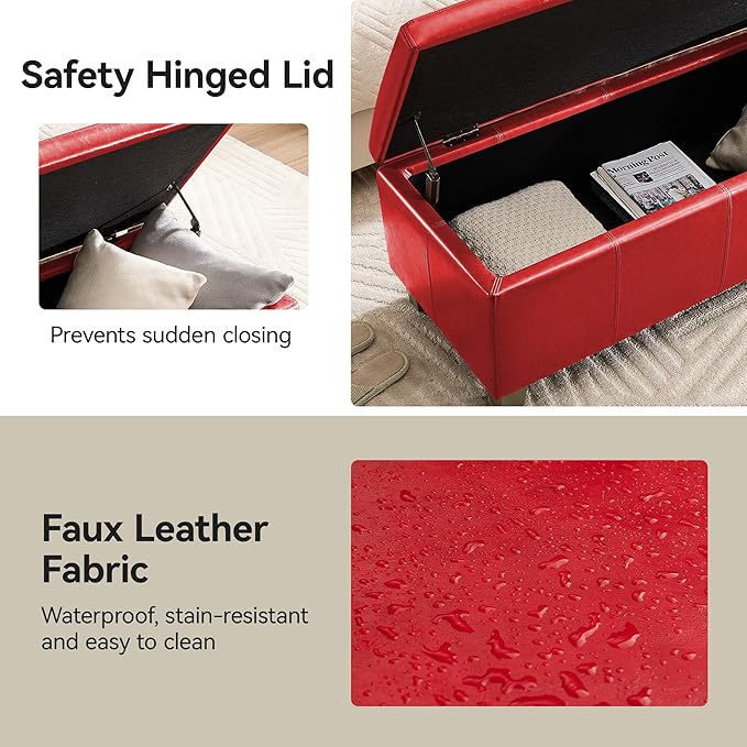 51" Faux Leather Storage Ottoman, Stitch Tufted Rectangle Upholstered End of Bed Storage Bench, Entryway Large Couch Ottoman with Wooden Legs,Red
