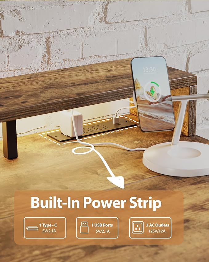 Electric Height Adjustable Standing Desk with Power Outlet and LED Light Strip, Sit to Stand, Ergonomic 48x24" Rising Desk with Memory Presets, Home Office Workstation, Computer Gaming Table, Brown